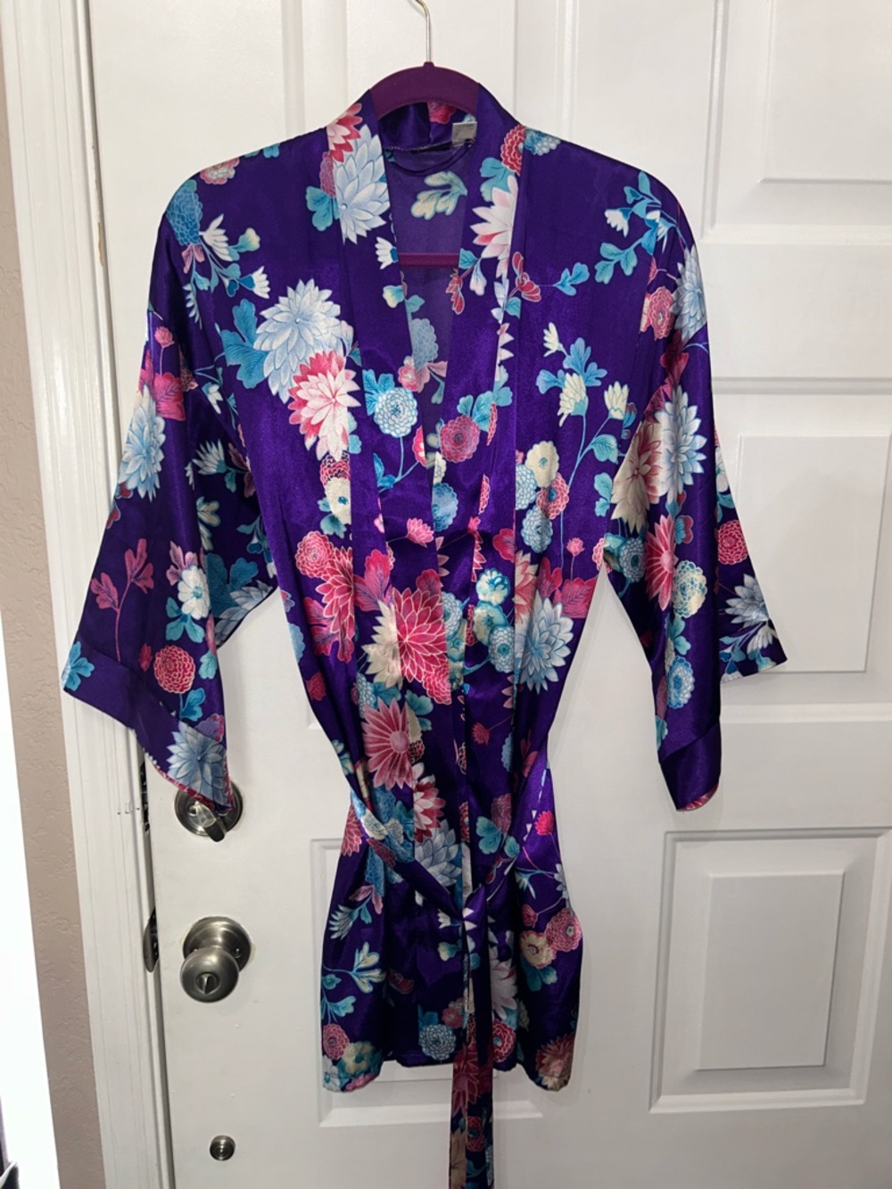 Frederick's of Hollywood Purple Satin Floral Robe with Blue and Pink Accents